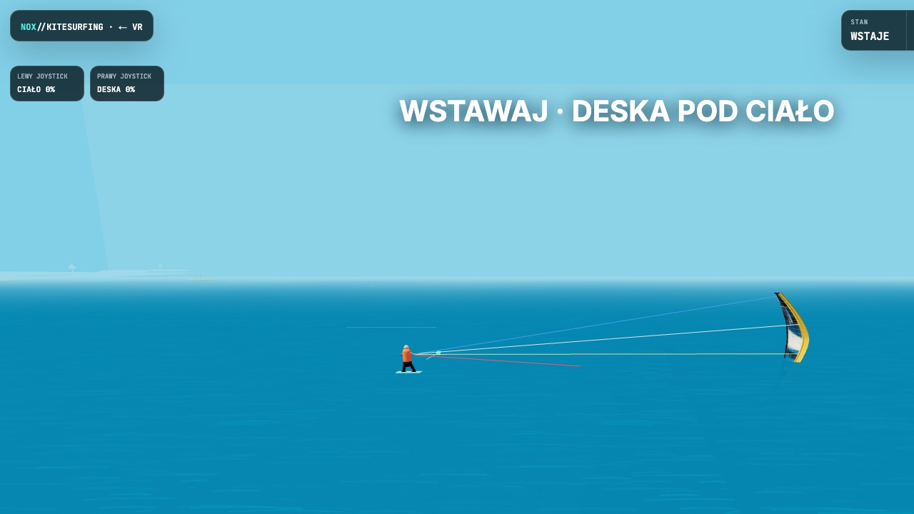 Gameplay Kitesurfing VR — zawodnik, deska, linki i latawiec nad wodą
