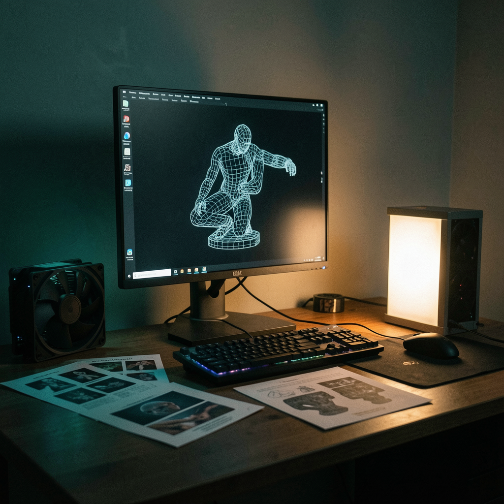 Ciemne studyjne still-life nocą: workstation z monitorem, na którym wyłania się biały szkielet 3D